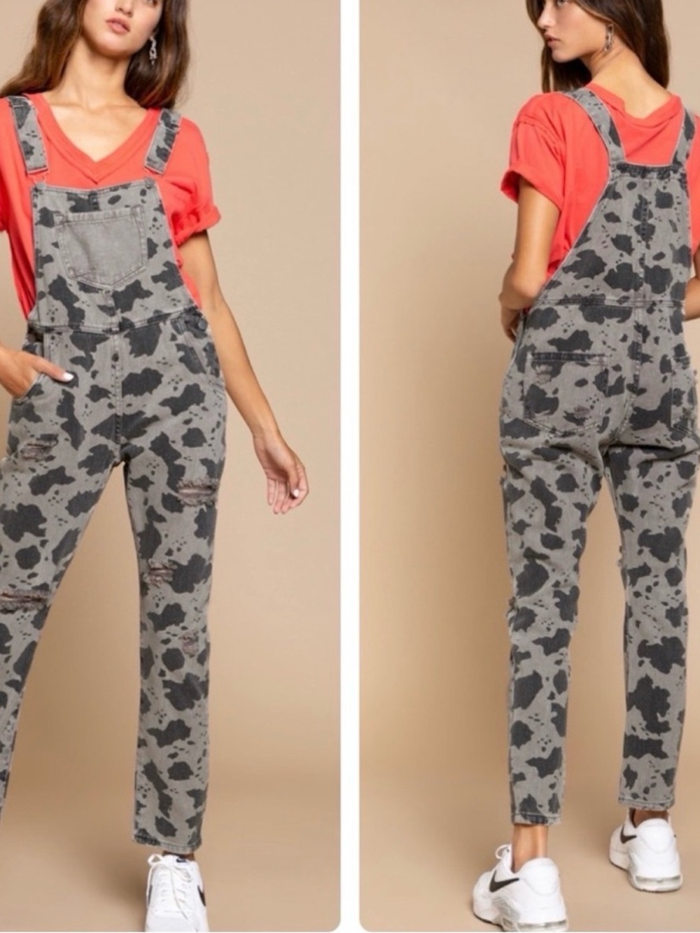 POL Distressed Cow Print Overalls Size Small Western Farmhouse Boho